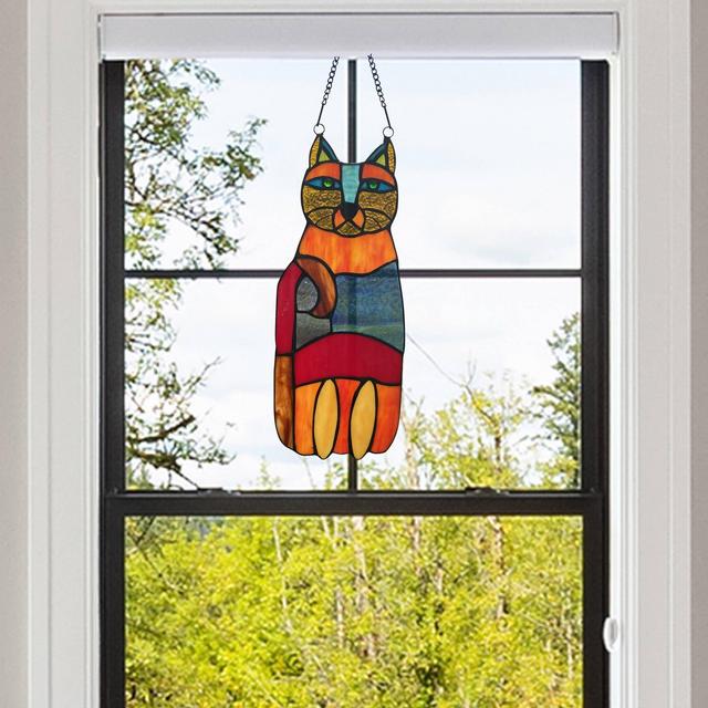 River of Goods - 13"H Cecilia the Cat Orange Stained Glass Window Panel