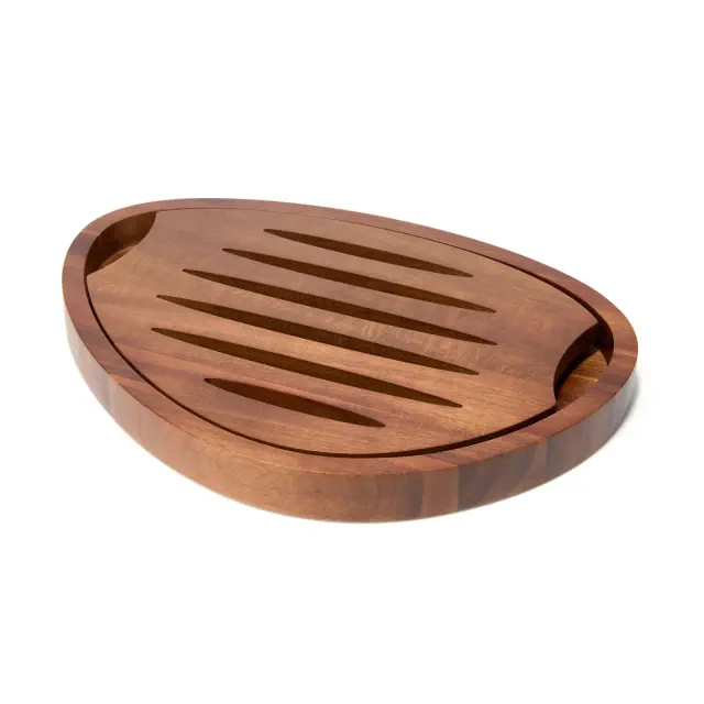 Nambe x Tom Papa Breaking Bread Cutting Board, 2 Piece Retro Style Acacia Wood Bread Board with Nesting Crumb Tray, 11.7” x 16”