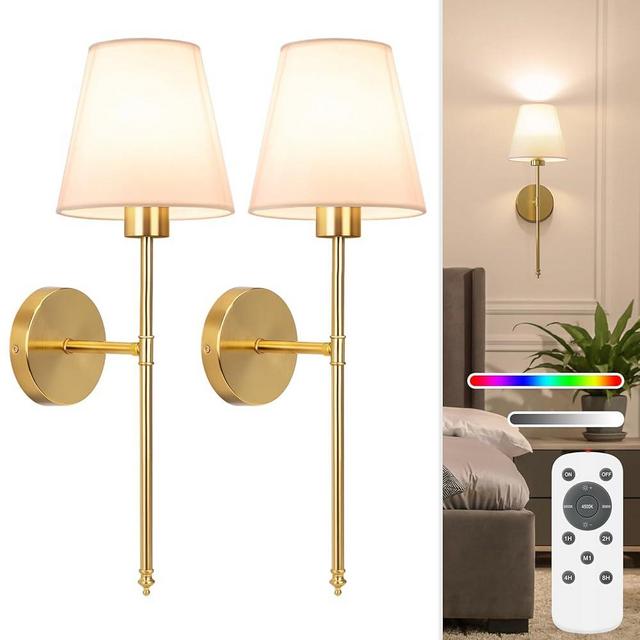 NIORSUN 19.9 inch Battery Operated Wall Sconce Set of 2,Gold Rechargeable Wall Lights with 5200mAh Dimmable Detachable Bulbs and Remote,10 Colors Wireless Sconces for Bedroom Living Room Hallway