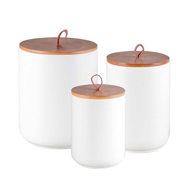 Mowtanco Ceramic Canister Set (30 oz, 48 oz, 82 oz) – White Ceramic Jar Set with Airtight Bamboo Lids for Flour, Sugar, Tea, Coffee, Pasta, Nuts – 3-Piece Storage Containers for Kitchen Counter