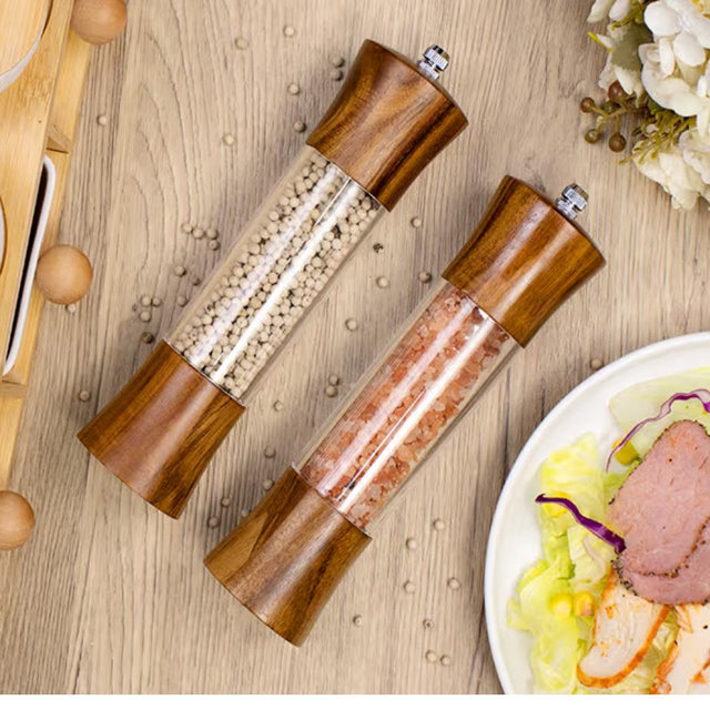 Acacia Wood Premium Acrylic Salt and Pepper Grinder Set 8 Inches Salt and Pepper Mill Set, Manual Mills- Wooden Shakers with Adjustable Ceramic Core 2 Pack for Kitchen Home Gift