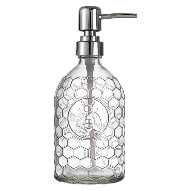 WAIT FLY Colorful Embossed Glass Soap Dispenser with Plastic Pump, Refillable Lotion Soap Bottle, Dish Soap Dispenser, Hand Soap Dispenser, Home Decoration-Clear-Bee-16 OZ