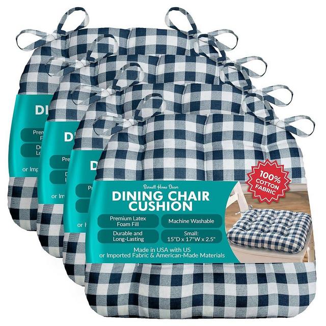 Barnett Home Decor Chair Cushions for Dining Chairs - 15x17 Kitchen Chair Cushions - Machine Washable, 100% Cotton, Made in USA - Latex Foam - Classic Check Navy Blue Small Pack of 4