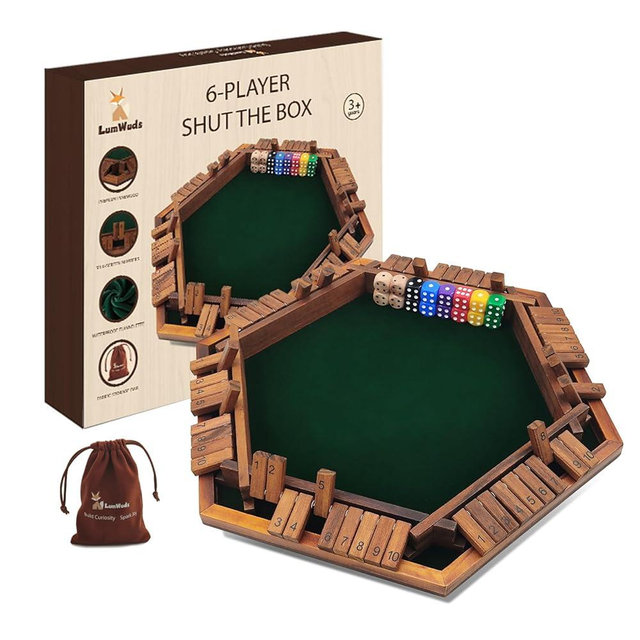 LumWuds Shut The Box Game Wooden Board Game for 1-6 Players with 16 Dice, Dice Game for Adults & Kids at Home, Classroom or Parties