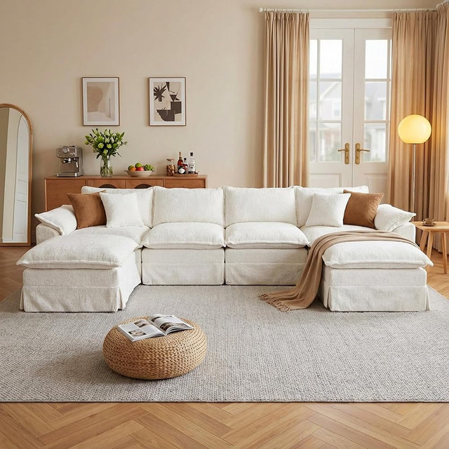 Claiks 157" Oversized Modular Boneless Couch, U Shaped Couch for Living Room, Modern Deep Seat Sofa 6 Seater Chenille Fabric Comfy Cloud Couches with Movable Ottoman, Beige