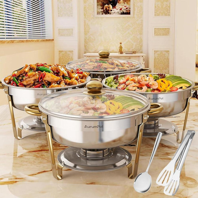 AurumPot Chafing Dishes for Buffet 4 Pack, 6QT Stainless Steel Round Chafing Dish Buffet Set for Parties, Wedding, Christmas Gatherings, Catering Events[Visible Glass Cover] Buffet Servers and Warmers
