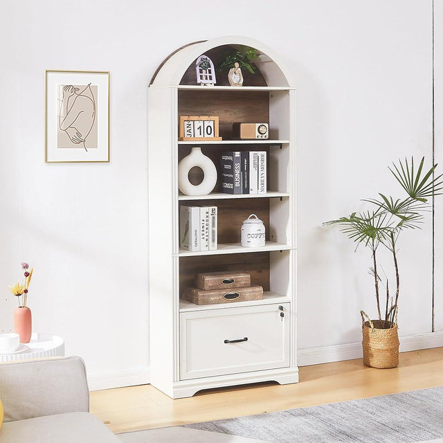 5 Tiers Farmhouse Arch Bookshelf with Lockable Drawers,70”Tall Bookshelf with Adjustable File Cabinet,Vintage Arch Bookcase for Home Office (White)