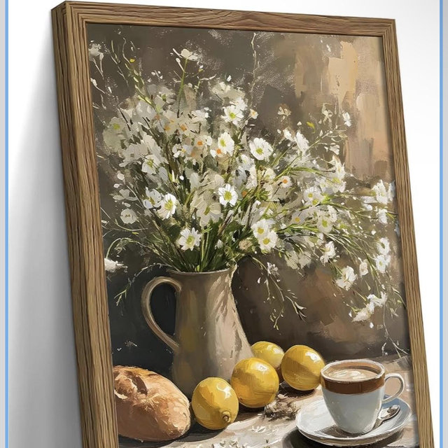 Vintage Framed Lemons Canvas Wall Art, Floral Kitchen Wall Decor, Coffee Paintings Pictures Prints, Rustic Neutral Daisy Canvas Poster Artwork for Living Room Bedroom Kitchen – 12x16in