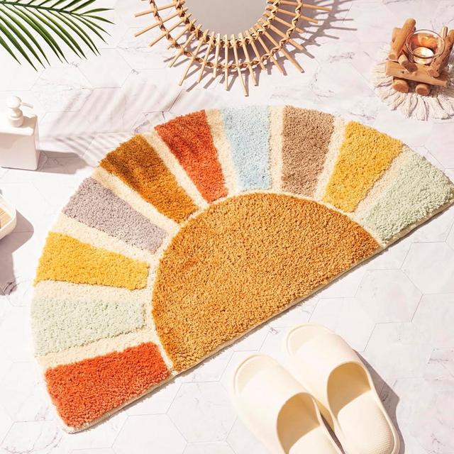 DyeFury Sunrise Boho Bathroom Rugs,Half Circle Bath Mat Cute,Sun Bath Mats,Retro Bohemian Home Bathroom Decor,Small Colorful Fun Semi Round Shower Rug Non-Slip,Funny Washable Rug Bedroom 31"x16"
