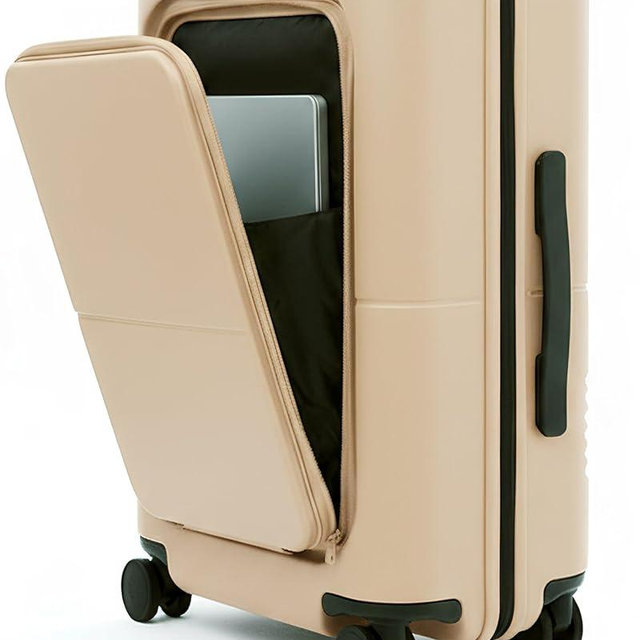 July Carry On Pro - 20" Hardshell with Front Pocket, Airline Approved Carry On Luggage with Wheels, TSA Lock Rolling Suitcase, Silent Spinner Wheels, USB Ports & Ejectable Battery - Sand