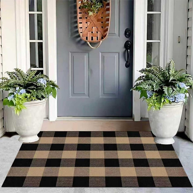 Tan and Black Door Mats Outdoor 27.5''X 43.3''Checkered Spring Front Porch Rug Cotton Washable Small Area Rug for Hello Welcome Layered Entryway Bedroom Living Room