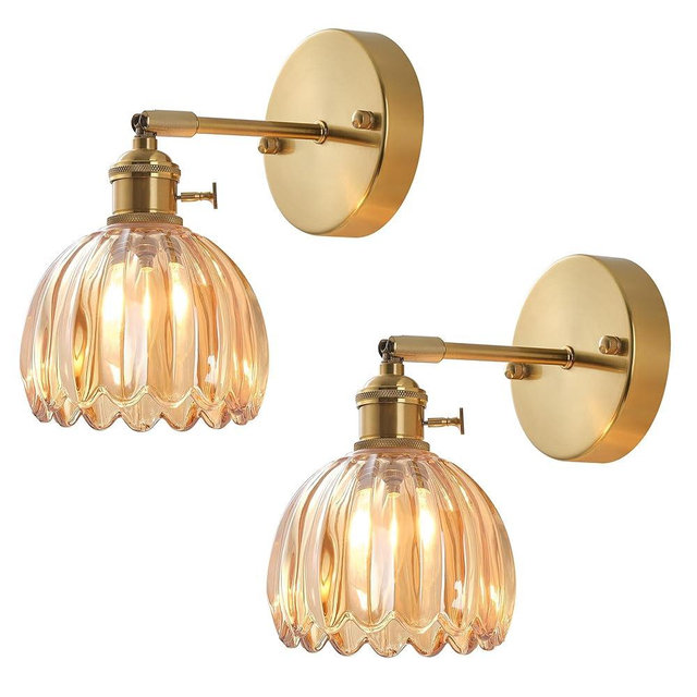 Plug in and Hardwired Wall Sconces, Luxury Vintage Tulip Crystal Glass Shade Wall Light with Switch for Bedside Bedroom Living Room (Tulip-Amber, 2)