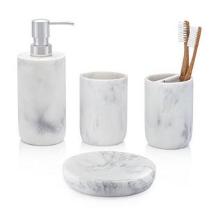 Bath 4-Piece White Bathroom Accessory Set. Complete Set Includes: Soap/Lotion Dispenser, Toothbrush Holder, Tumbler, and Soap Dish