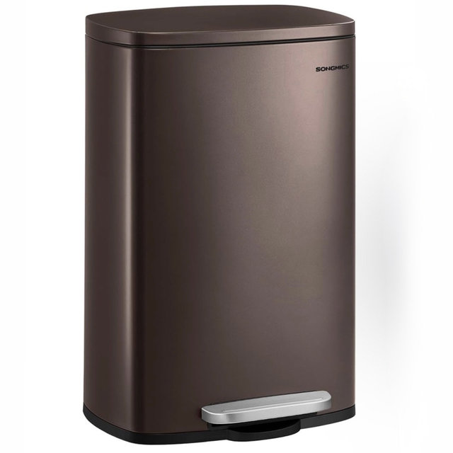 SONGMICS 13 Gallon (50 L) Trash Can, Stainless Steel Kitchen Garbage Can, Recycling or Waste Bin, Soft Close, Step-On Pedal, Removable Inner Bucket, Brown ULTB50BR