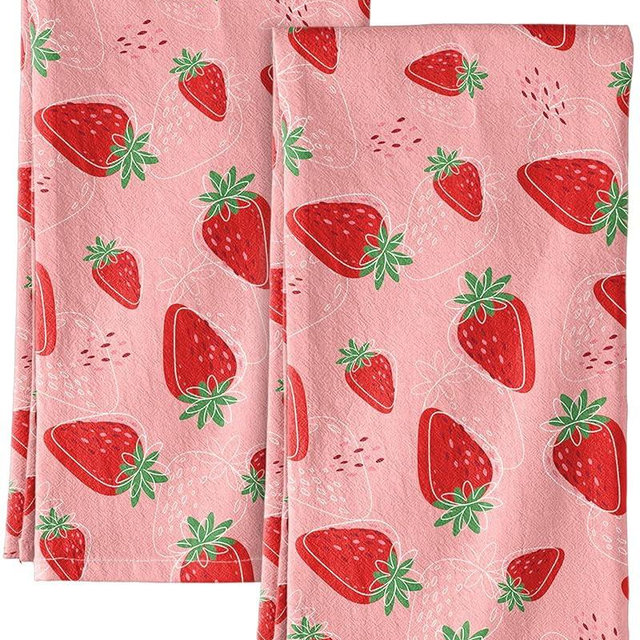 Miss Adola Flour Sack Kitchen Towels Set of 2-18x26 Cotton Dish Towels with Hanging Loop Reusable Tea Towel for Cleaning Spring Absorbent Dishcloths Cute Home Decor Housewarming, Line Strawberry