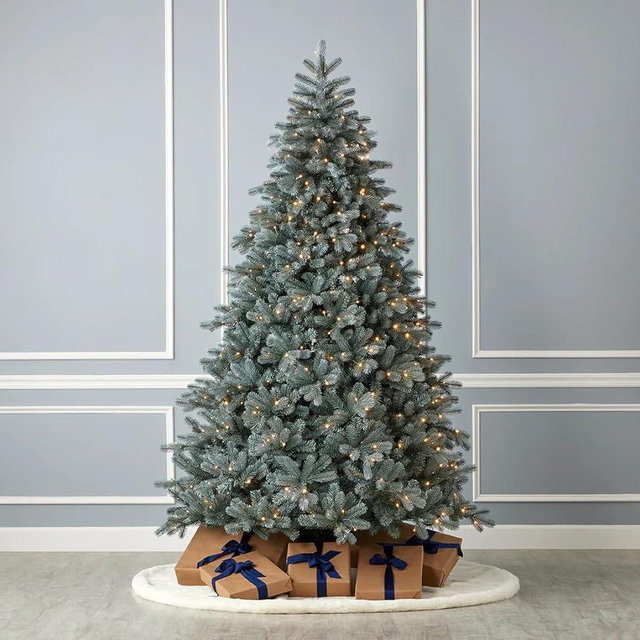 Seasonal LLC Blue Spruce Christmas Tree | 9FT | 62" Diameter | Pre-Strung with 700 Warm White LED Lights | EZ-Connect Center Pole Light Connections | Hinged Branch Design 7.5 FT