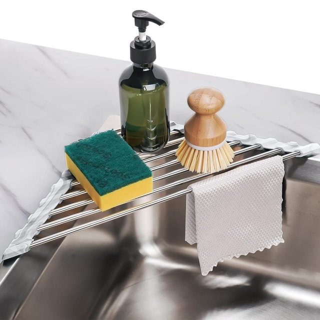 Tomorotec Aqua Triangle Roll-Up Dish Drying Rack for Sink Corner - Small, Foldable, Stainless Steel, Multipurpose Kitchen Drainer Caddy, Trivet, Rustproof Organizer, Storage Shelf and Space Saver