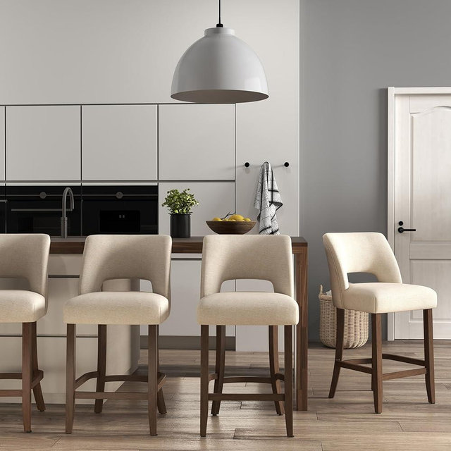 VKNOW Bar Stools Set of 4,Upholstered Counter Height Bar Stools,Modern Counter Stools with Wood Legs for Kitchen Island Dining Room Bar,Beige
