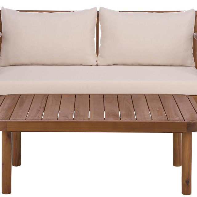 SAFAVIEH Outdoor Patio Furniture Collection - Cardori Teak & Cream Solid Wood Bench with Cushions and Coffee Table Set, 2-Piece Patio Seating Ensemble (PAT6808A)