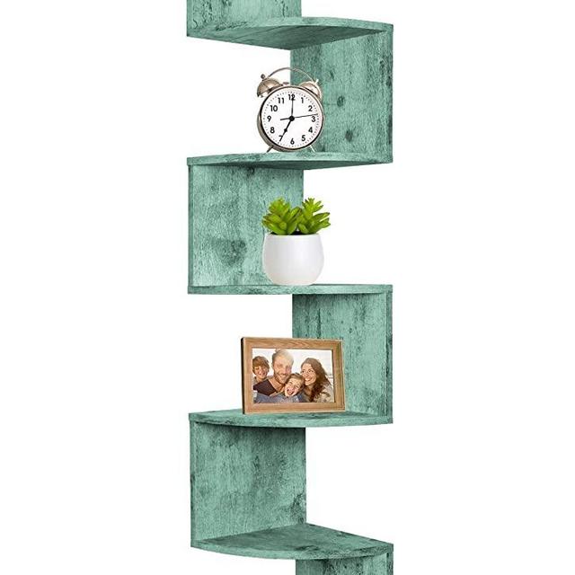 Greenco 5 Tier Wall Mount Corner Shelves Rustic Turquoise Finish, 7.75" L x 7.75" W x 48.5" H.