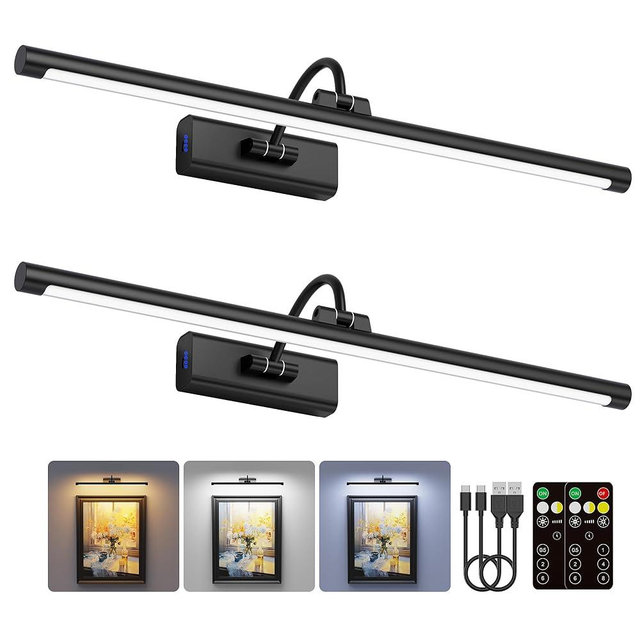 Craftersmark 2 Pack Light for Pictures on Wall Black 8000mAh - 24" Cordless Battery Powered Wall Mount Sconce with Dimmable Remote for Oversized Artwork & Gallery
