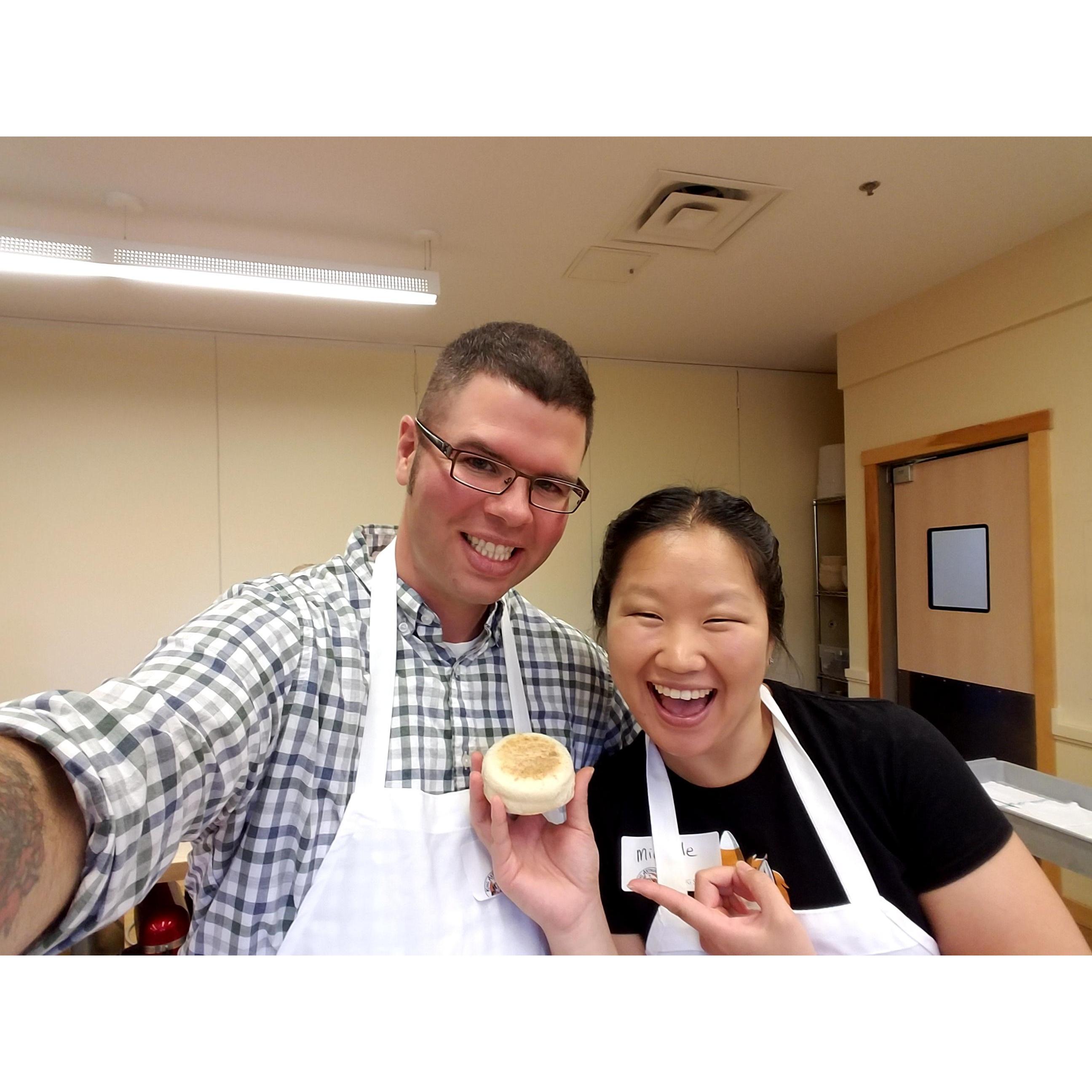 On the way home from a weekend in Vermont, we stopped at King Arthur Flour to learn to make our own English Muffins! Long story short - we buy Thomas' English Muffins now :P