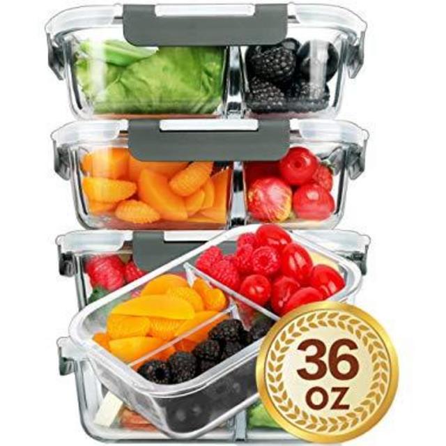[5 Packs]Glass Meal Prep Containers 3 Compartment with Lids, Glass Lunch Containers,Food Prep Lunch Box,Bento Box,BPA-Free, Microwave, Oven, Freezer, Dishwasher Safe (36 oz)