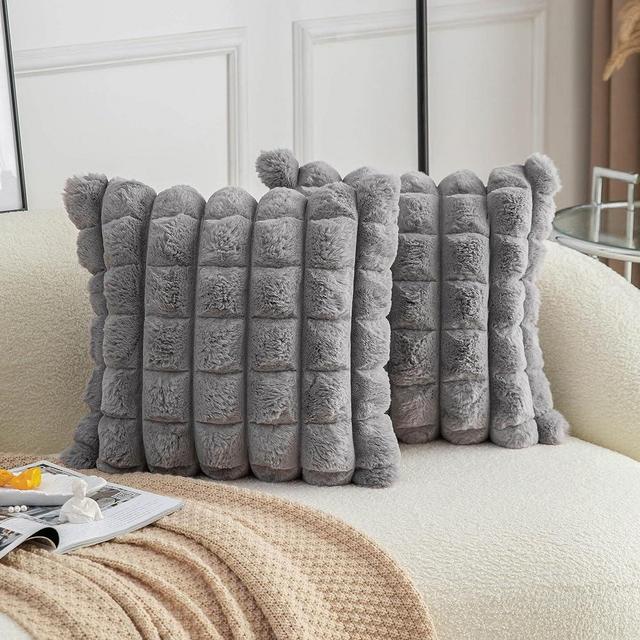 Neelvin Grey Faux Fur Cozy Soft Plaid Decorative Throw Pillow Covers 18x18 inch Set of 2,Velvet Pillowcase Cushion Case for Sofa Couch