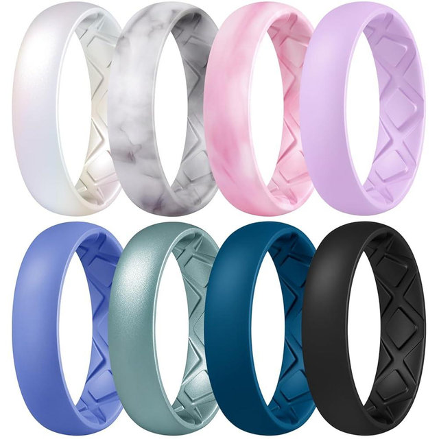 Egnaro Women's Bridal Rings Sets, Inner Arc Ergonomic Breathable Design with half sizes, Silicone Rubber Wedding Bands，5.5mm Wide-2mm Thick