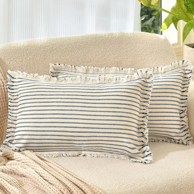 ZWJD Throw Pillow Covers 12x20 Set of 2 Striped Pillow Covers with Fringe Chic Cotton Decorative Pillows Square Cushion Covers for Sofa Couch Bed Living Room Farmhouse Decor