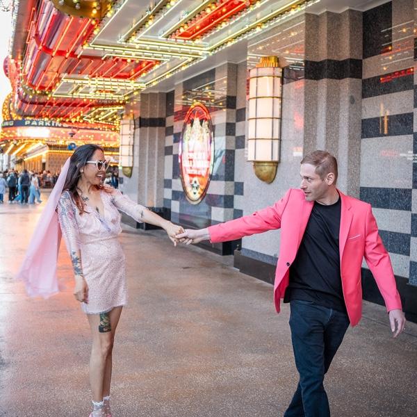 Justin got those pink shoes from a thrift store. Apparently, a flamboyant Vegas entertainer (not Justin) passed away and had hundreds of shoes in Justin's size.