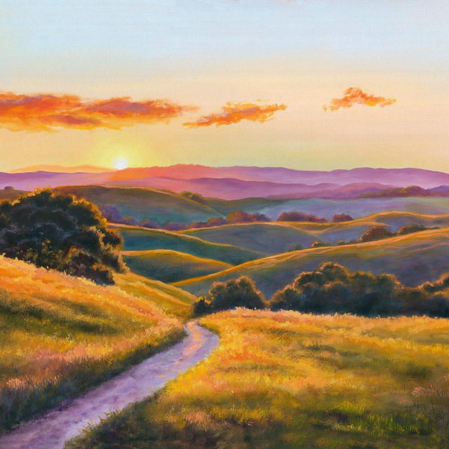 Rolling hills California painting ORIGINAL, Sunset mountains landscape, Rural path wall art Bright colors country scene, Living room decor
