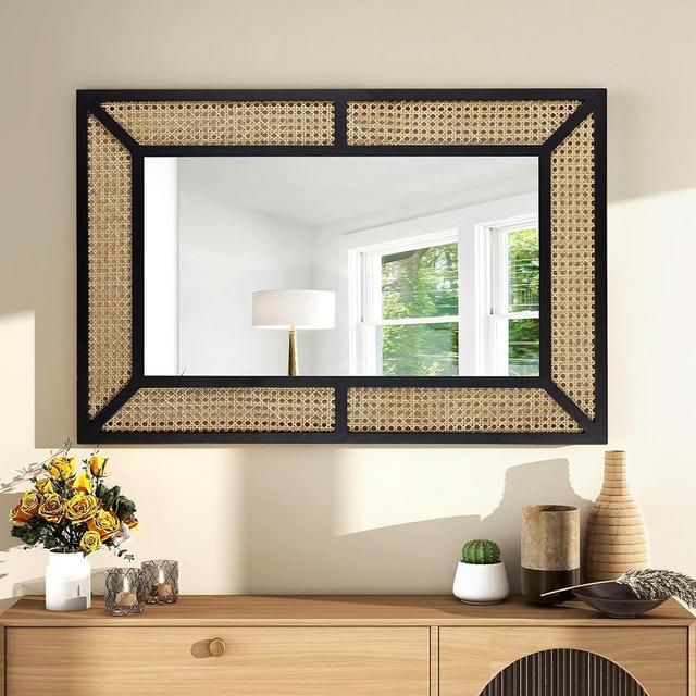 THKSHOUZ Rattan Mirror for Wall Decor Bohemian Rectangular Large Mirror, Boho Wall Mirror, Woven Wicker Hanging Mirror, 22x35 inches, Black