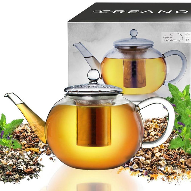 Creano glass teapot 40 oz (1200ml), tea maker with integrated stainless steel infuser and glass lid, ideal for preparing loose teas, drip-free, all-in-one