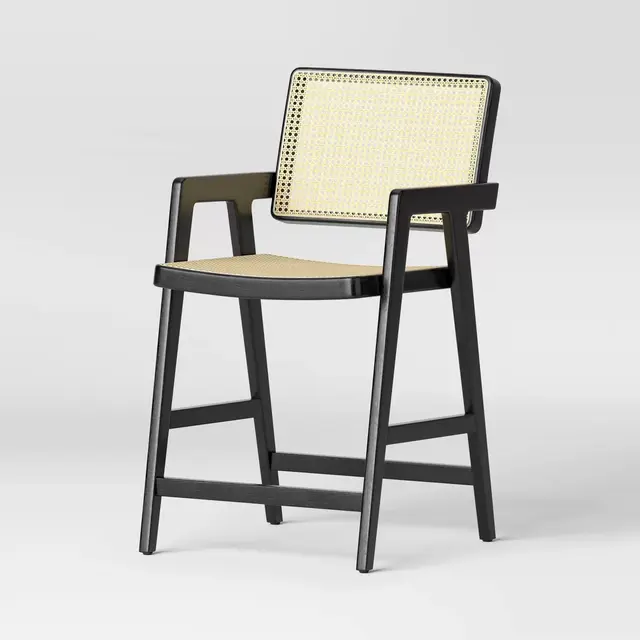 Wood Framed Woven Panel Counter Height Barstool Black - Threshold™: Rubberwood Frame, 225lb Capacity