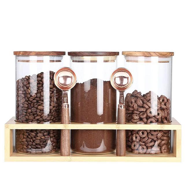 KKC Borosilicate Glass Canisters for Kitchen Counter,Glass Storage Jars with Spoons ,Airtight Countertop Glass Storage Containers with Wood Lids for Coffee Beans,Cookie,39 FLoz,Pack of 3