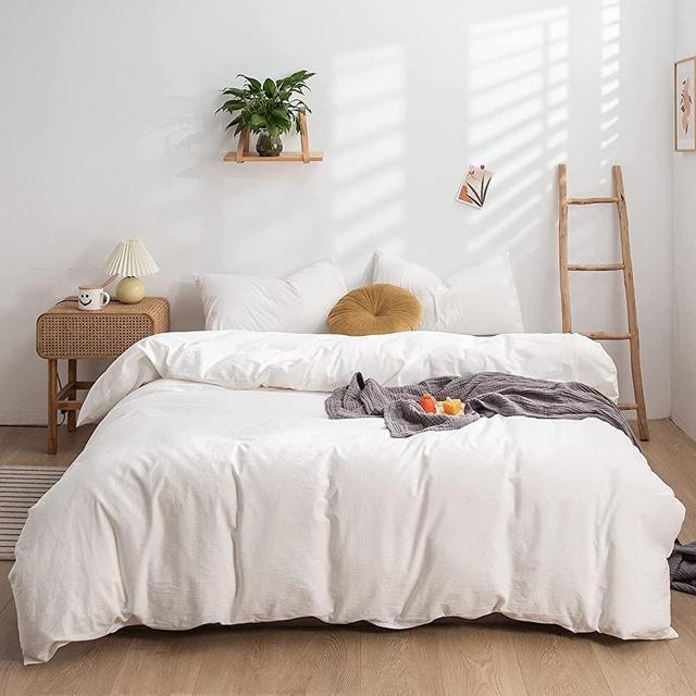 DONEUS White Duvet Cover Queen Size - Washed Cotton Duvet Cover Set Solid White Color Comforter Cover Queen Size 3 Pieces Bedding Set with Zipper Closure, 1 Duvet Cover 90x90 inches and 2 Pillow Shams