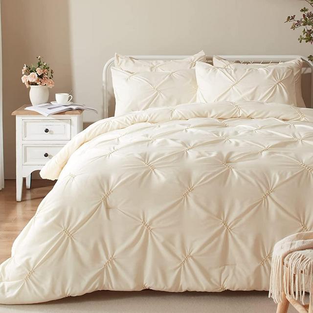 Anluoer Queen Comforter Set -Pintuck Down Alternative Comforter with 2 Pillow Shams, Pinch Pleat Queen Size Bedding Comforter Sets Lightweight All Season (Cream White,88x88 inches, 3 Pieces)