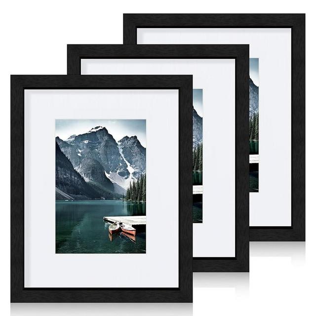 Hongkee 8x10 Black Picture Frames set of 3, Made of Wooden and Glass Photo frame - Displays Picture 5x7 with Mat or 8 x 10 without Mat, Desktop & Wall Collage Frame set