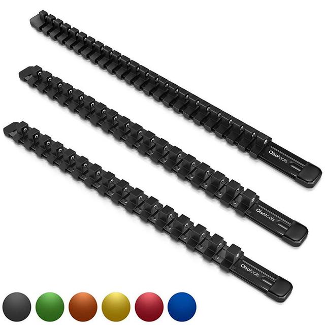 Olsa Tools 3-Piece Aluminum Socket Organizer | 1/4-Inch, 3/8-Inch, 1/2-Inch Drive Socket Rails Hold 54 Sockets | Premium Quality Socket Holders (Black)