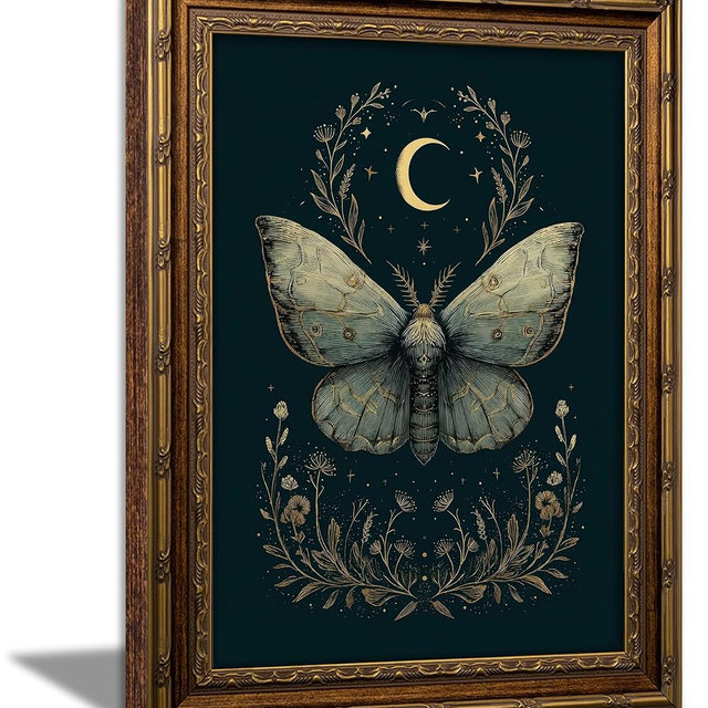Vintage Gold Framed Celestial Moth Crescent Moon Wall Art Gothic Moody Ethereal Butterfly Picture Wall Decor Dark Botanical Insect Picture Canvas Print Mystical Witchy Poster Artwork for Living Room