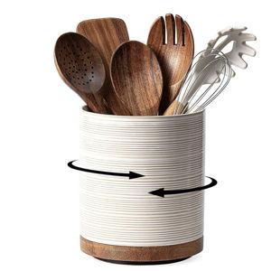 Utensil Holder, 360° Rotating Extra Large Ceramic Kitchen Utensil Holder for Countertop, 7.3“ Cooking Utensil Crocks for Kitchen Counter with Rotatable Wooden Base, Farmhouse Decor, Arctic White