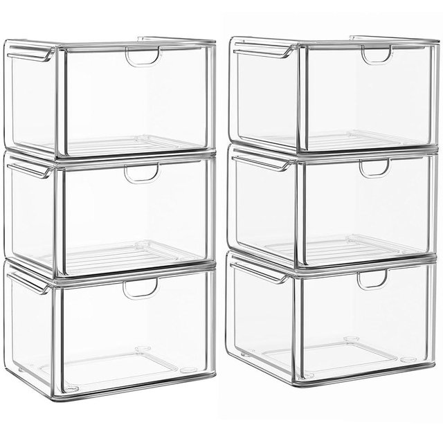caktraie 6 Pack Small Stackable Stroage Drawers, Acrylic Bathroom Makeup Organizer, Plastic Storage Bins For Vanity, Undersink, Kitchen Cabinets, Pantry, Home Organization
