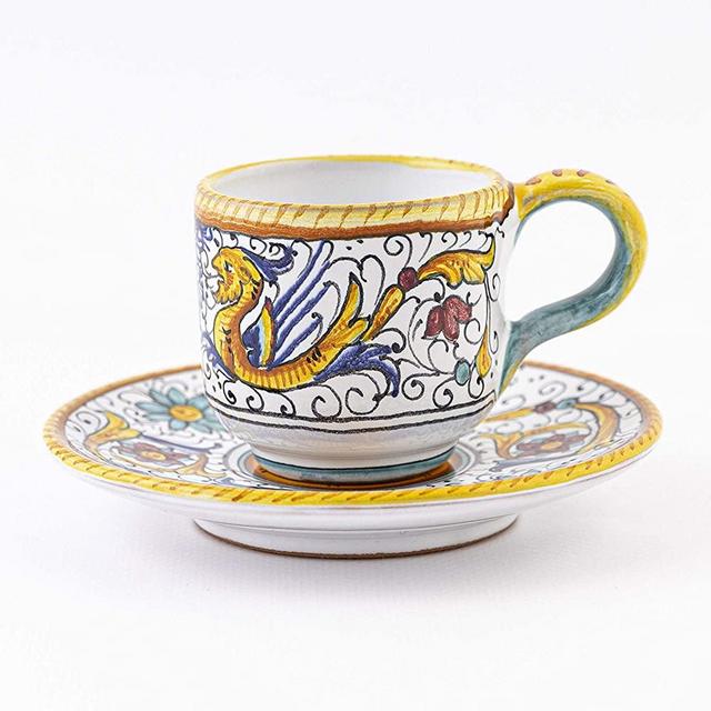 thatsArte.com - Italian Ceramic Espresso Cup & Saucer Raffaellesco, Deruta - Hand Painted Cup, Made in Italy Ceramics, Handmade Coffee Cups, Small Cup Pottery, Italian Ceramics Deruta, Italian Pottery