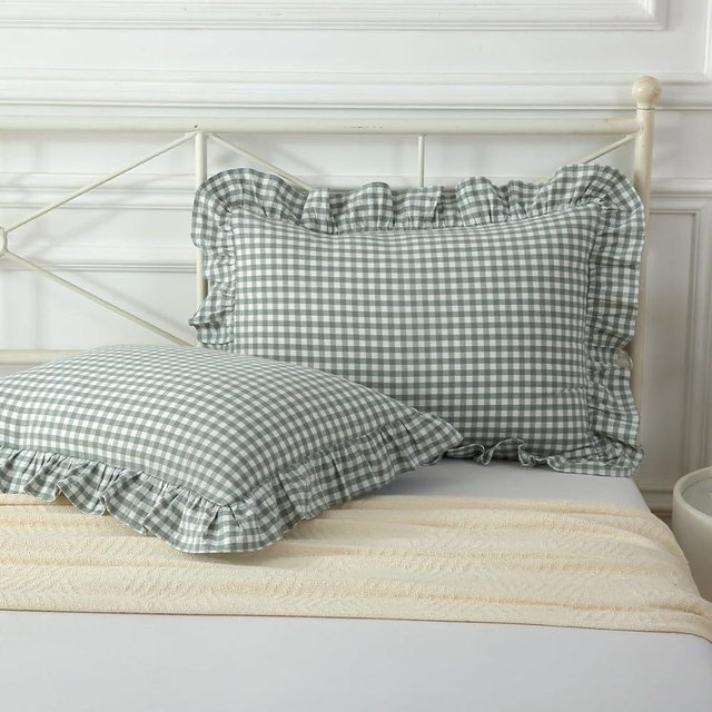 Mywinlle Dusty Green Plaid Ruffle Pillow Shams King Size Set of 2,Washed Cotton Checkered Gingham Pillow Covers 20"x36"