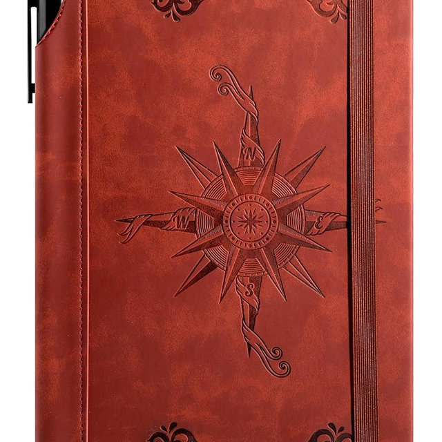 CAGIE Compass Leather Journal Gift for Men - Vintage Writing Notebook with Pen, 100 GSM 288 Page Lined Journal A5 Hardcover, 180° Lay Flat, Daily, Travel, Office & Gift Idea
