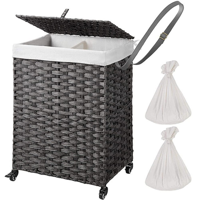 Greenstell Laundry Hamper with Wheels & 2 Removable Liner Bags, Divided Handwoven Hampers, Synthetic Rattan Clothes Laundry Basket with Lid & Handles, Foldable & Easy to Install Gray 18x12x26.4 In