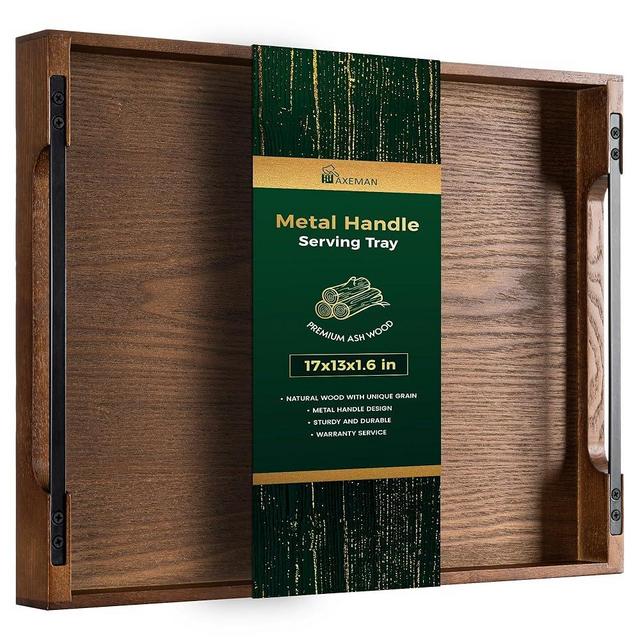 Axeman Wooden Serving Tray with Metal Handles|Ottoman Tray for Breakfast, Bed, Couch|17x13in Ash Wood Coffee Table Trays|Food Drinks Decorative Storage Boards for Ottoman Kitchen, Walnut