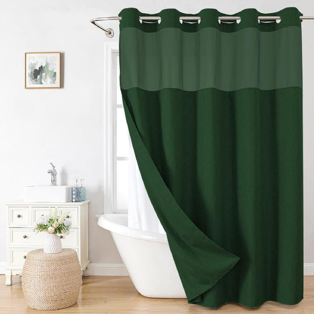 eachope No Hooks Needed Linen Textured Shower Curtain with Snap-in Fabric Liner Set,Hotel Luxury Decor Shower Curtains for Bathroom with Mesh Top Window,Waterproof & Washable,71Wx74H,Emerald Green