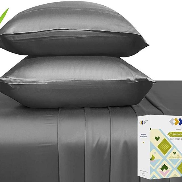 100% Natural Bamboo Sheets - Silky Soft Touch, Hypoallergenic, Cool and Lightweight, 4 Piece Hotel Luxury Bedsheet Set, Elasticized Deep Pocket for Snug Fit (Queen Size, Dark Gray)